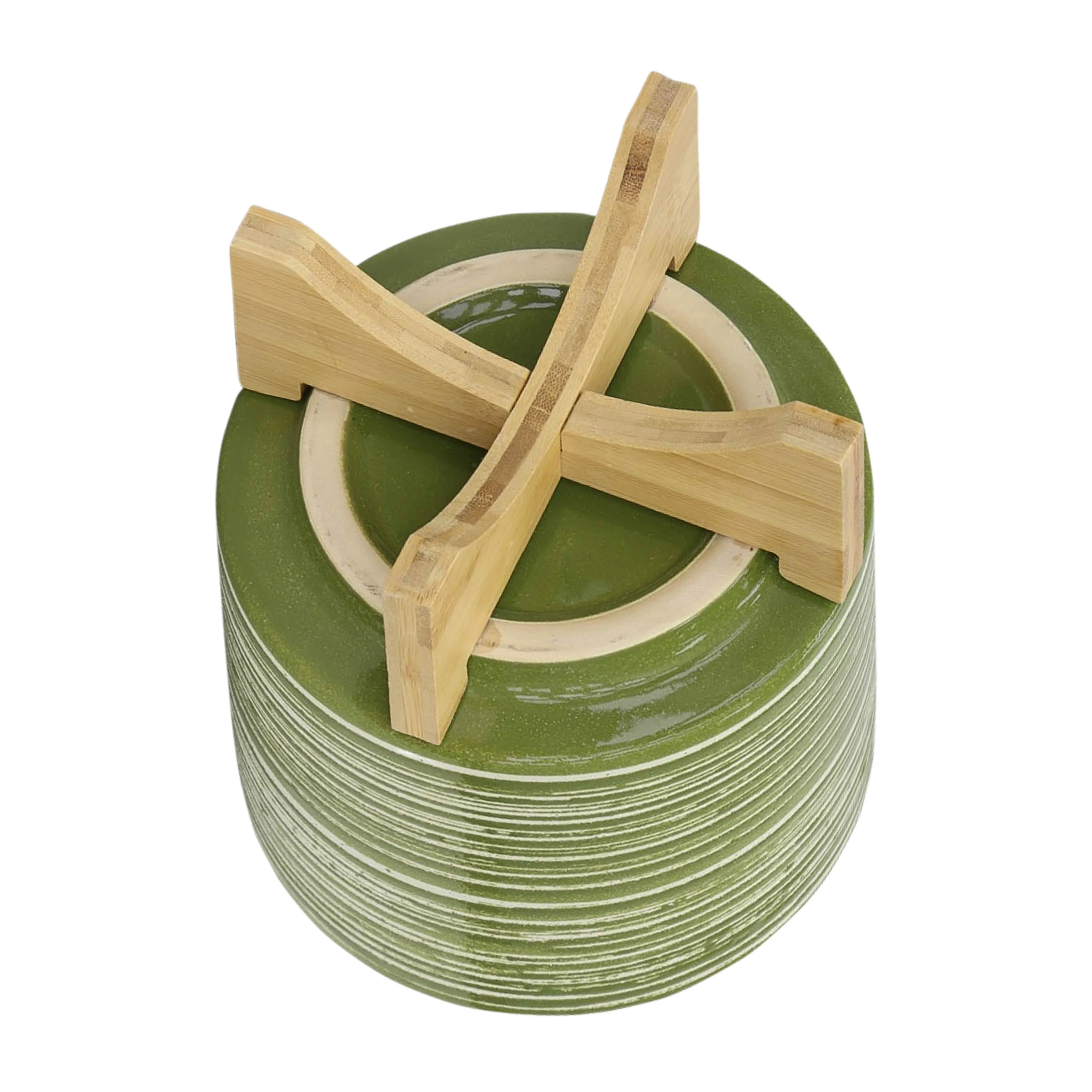 CER, S/2 5/8"  PLANTER ON WOODEN STAND, OLIVE