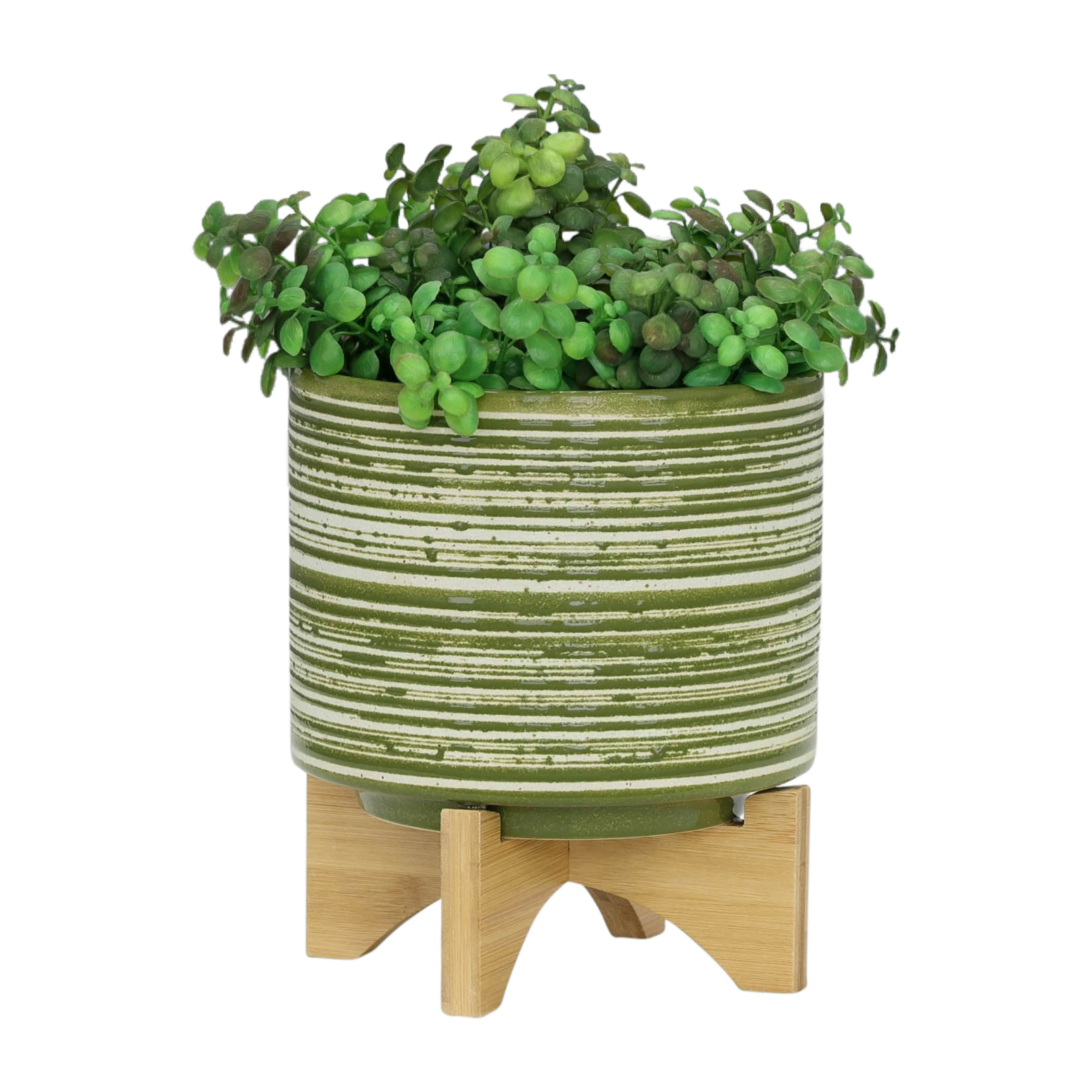 CER, S/2 5/8"  PLANTER ON WOODEN STAND, OLIVE