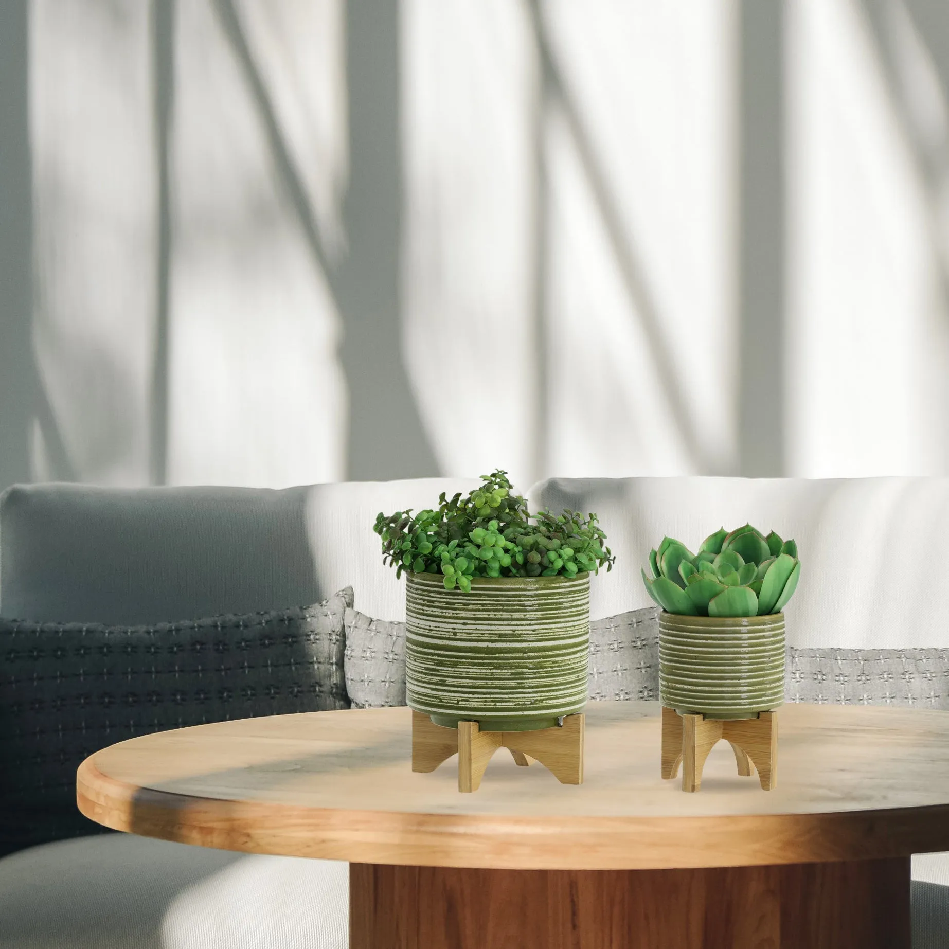 CER, S/2 5/8"  PLANTER ON WOODEN STAND, OLIVE