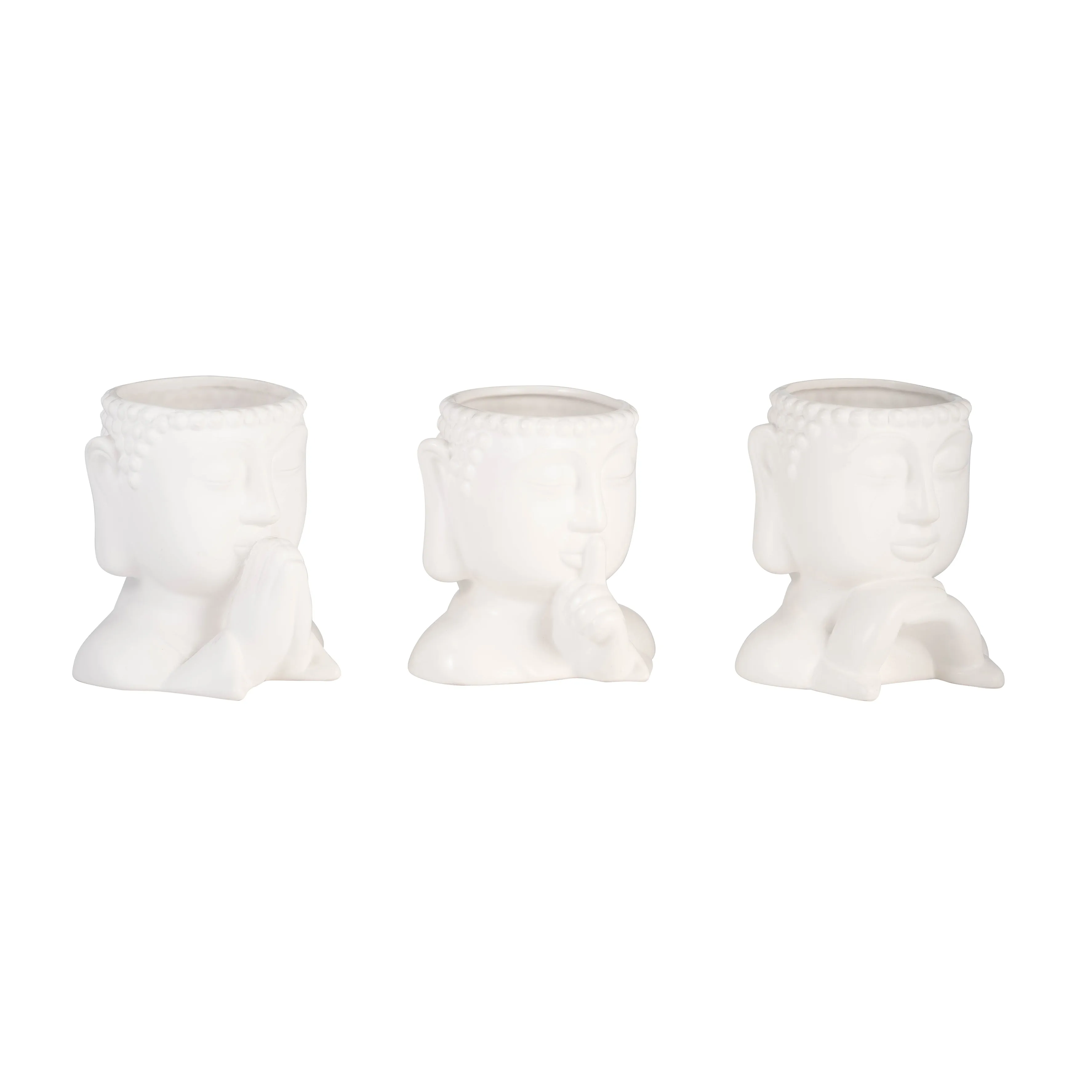 Cer, S/3 7"h Buddha Head Planters, White