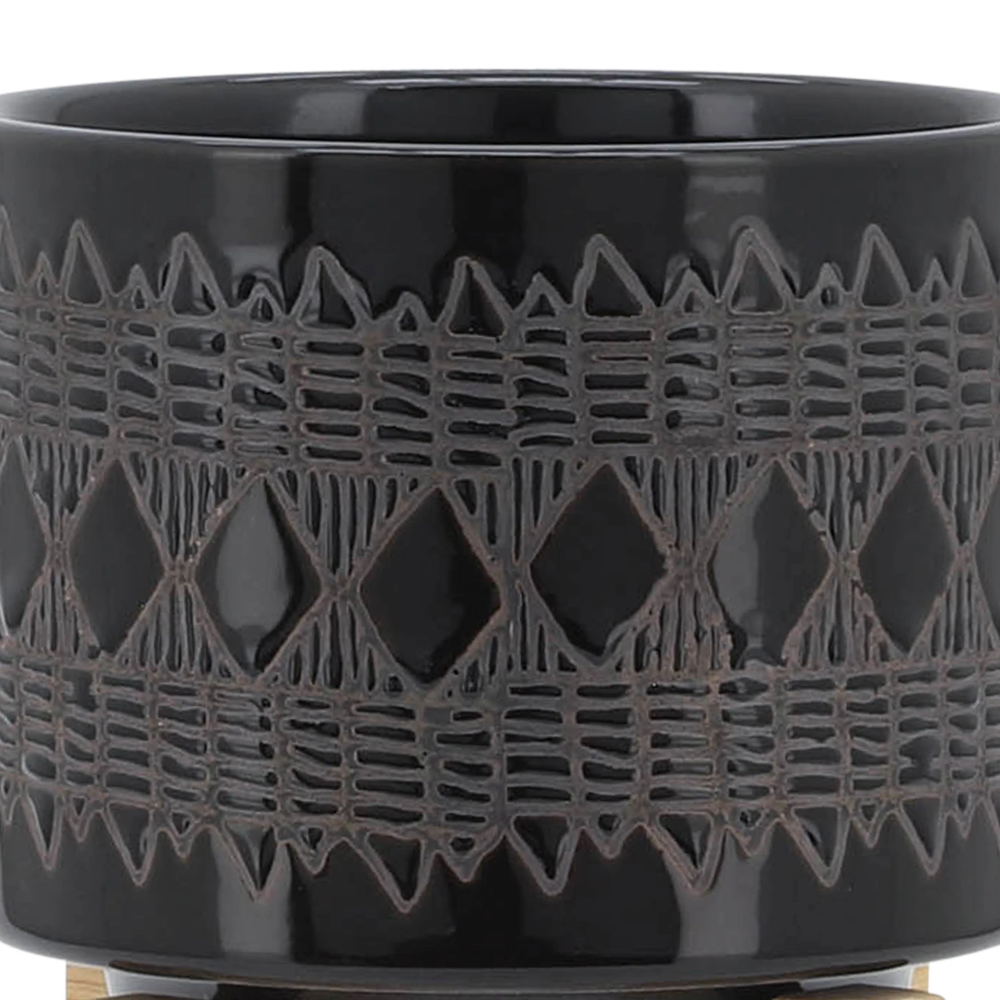 CERAMIC 5" AZTEC PLANTER ON WOODEN STAND, BLACK