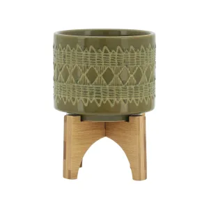CERAMIC 5" AZTEC PLANTER ON WOODEN STAND, OLIVE