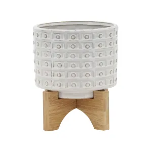 CERAMIC 5" DOTTED PLANTER W/WOOD STAND, IVORY