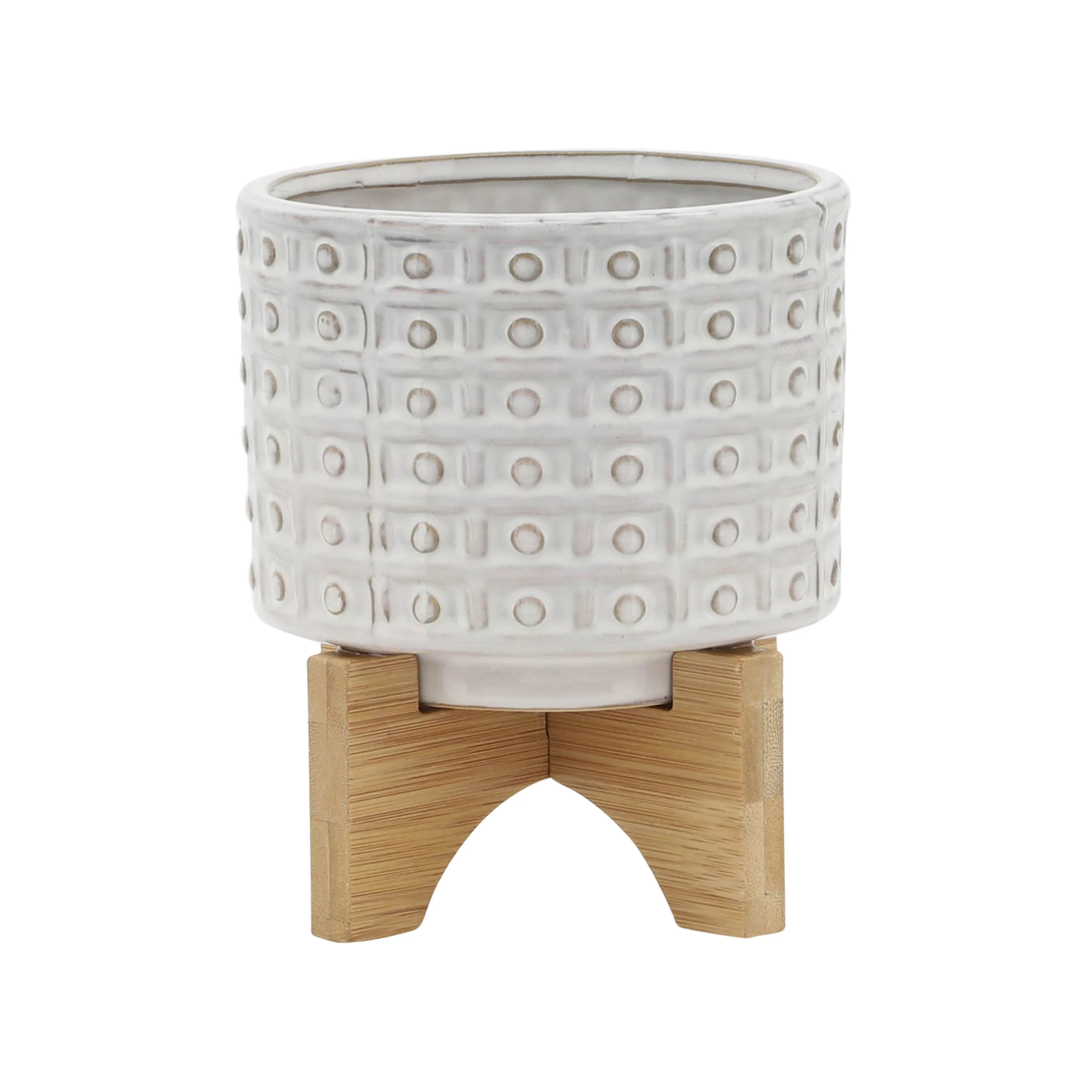 CERAMIC 5" DOTTED PLANTER W/WOOD STAND, IVORY