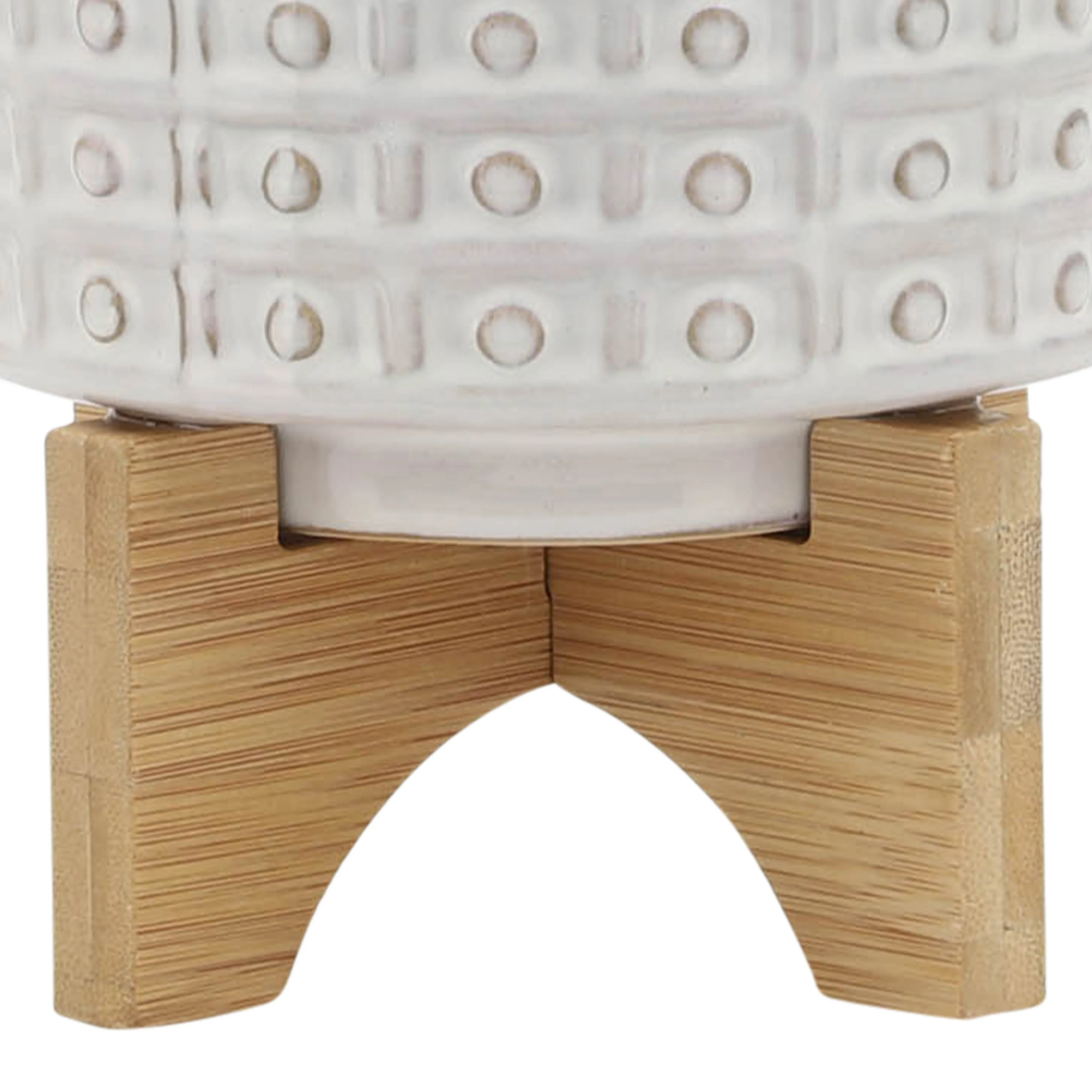 CERAMIC 5" DOTTED PLANTER W/WOOD STAND, IVORY