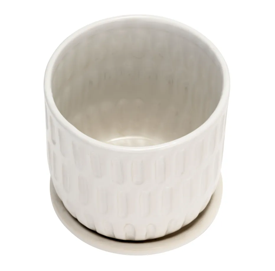 CERAMIC 6" TEXTURED PLANTER W/ SAUCER, BEIGE