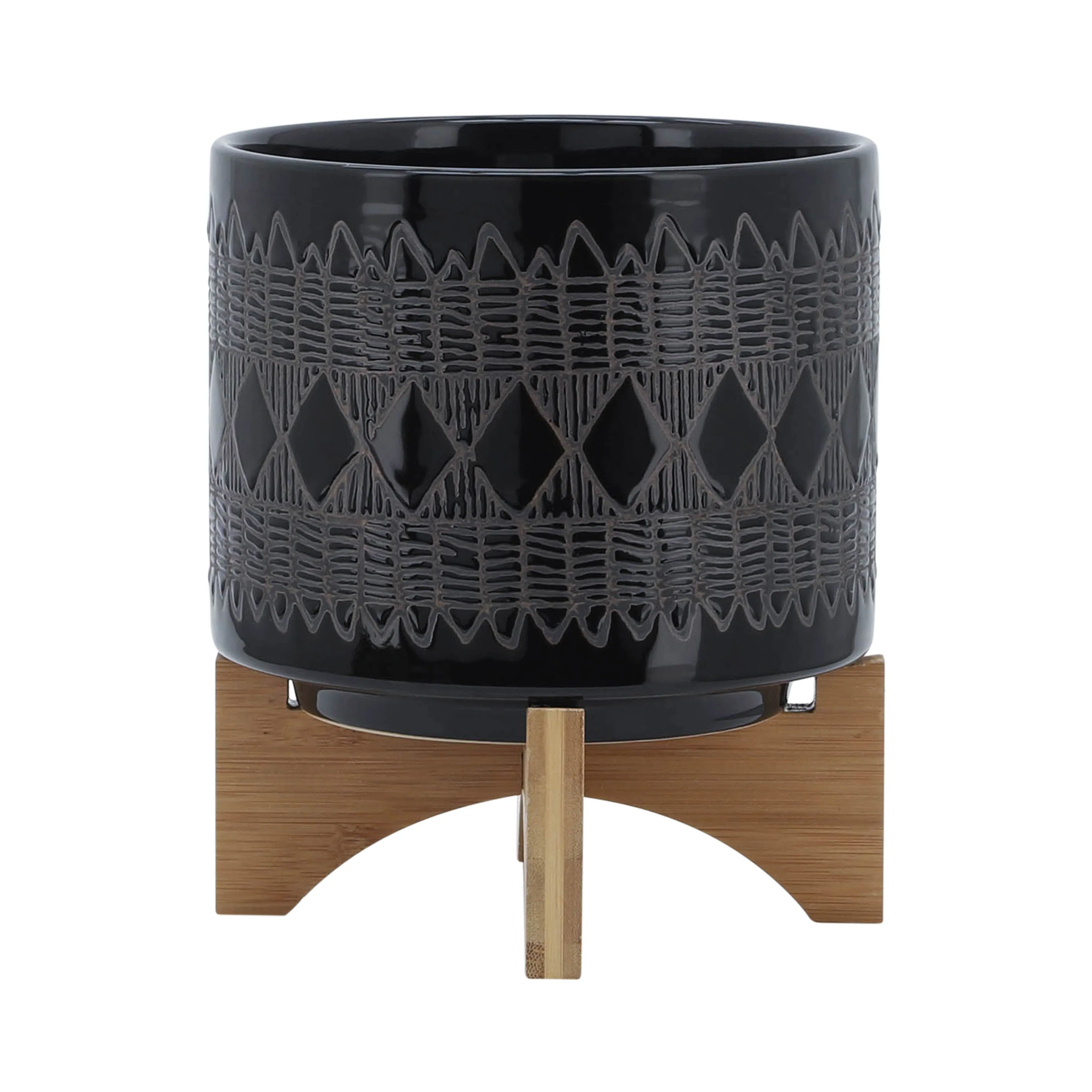CERAMIC 8" AZTEC PLANTER ON WOODEN STAND, BLACK