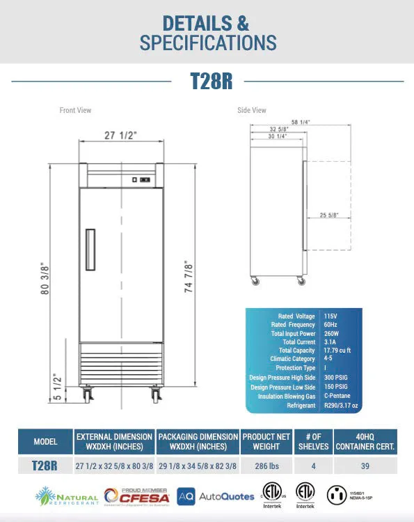 Chef AAA - T28R Commercial 27" Reach-In Refrigerator Solid 1 Door 17.7 cu.ft.