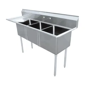 Chef AAA - Three Tub Pot Sink 3.5 Inch Center Drain Left Drain Board | 43764
