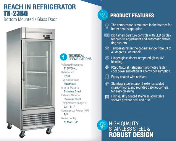 Chef AAA - TR-23BG 27" 1 Glass Door Reach-in Refrigerator 17.7 cu. ft.
