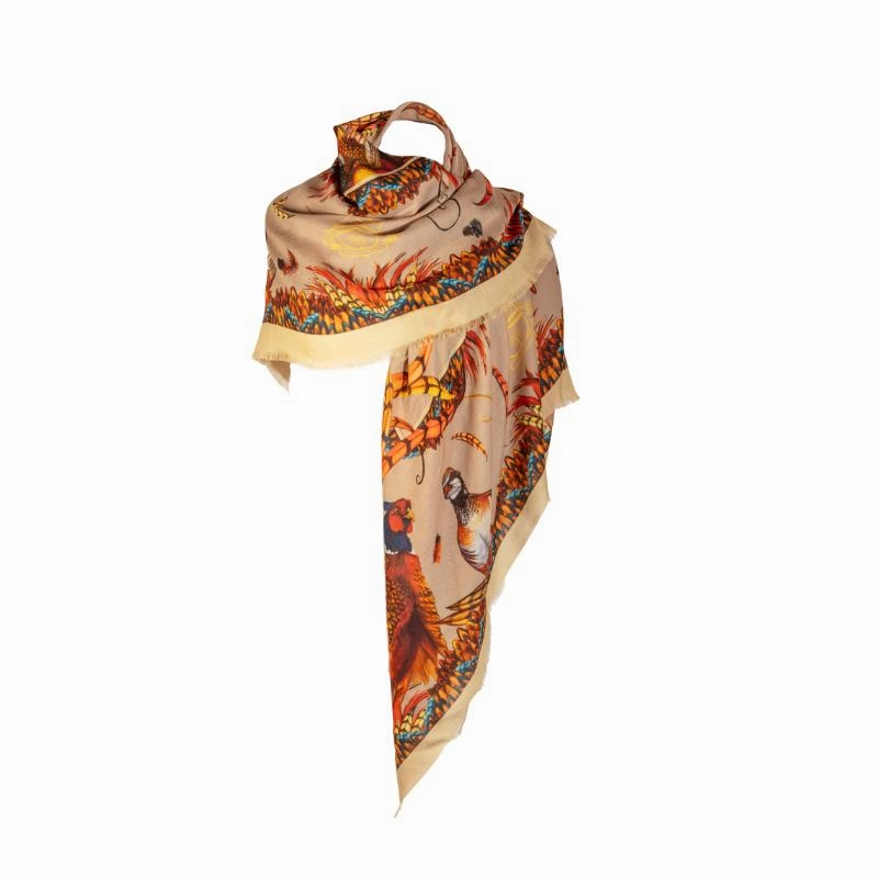 Clare Haggas Heads Or Tails Wool Silk Shawl Scarf - Toffee Gold Shop Save Today