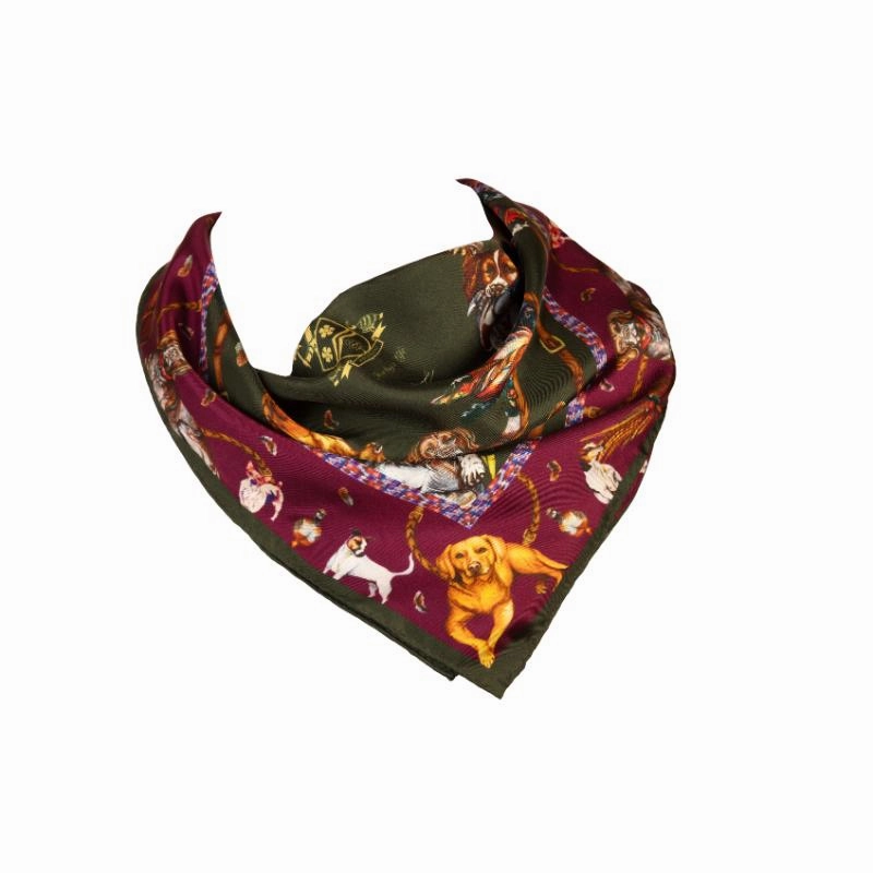 Trendy Picks Today Dont Wait Save Clare Haggas It'S A Dogs Life Medium Square Silk Scarf - Hunter Green & Oxblood Red