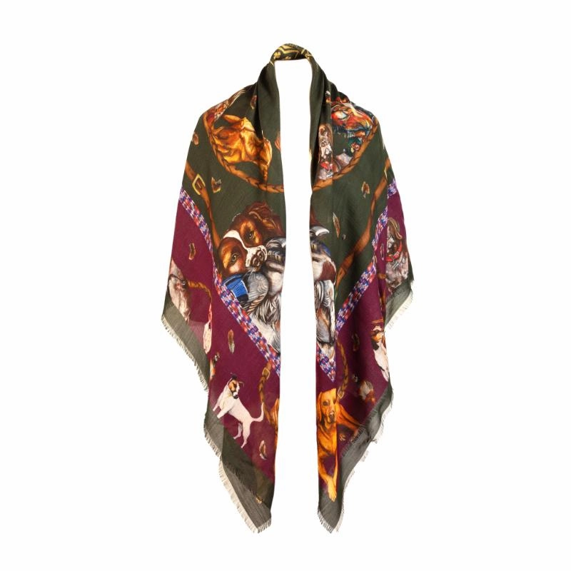 Clare Haggas It'S A Dogs Life Wool Silk Shawl - Hunter Green & Oxblood Red Big Savings Alert