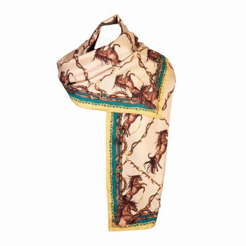 Clare Haggas Rearing To Go Classic Silk Scarf - Oyster & Teal Shop Grab Savings