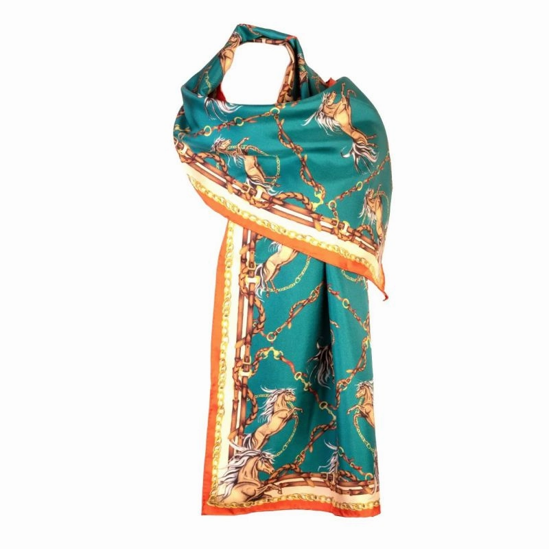 Clare Haggas Rearing To Go Classic Silk Scarf - Teal & Rust Surprise Offer Now Shop Smart Save