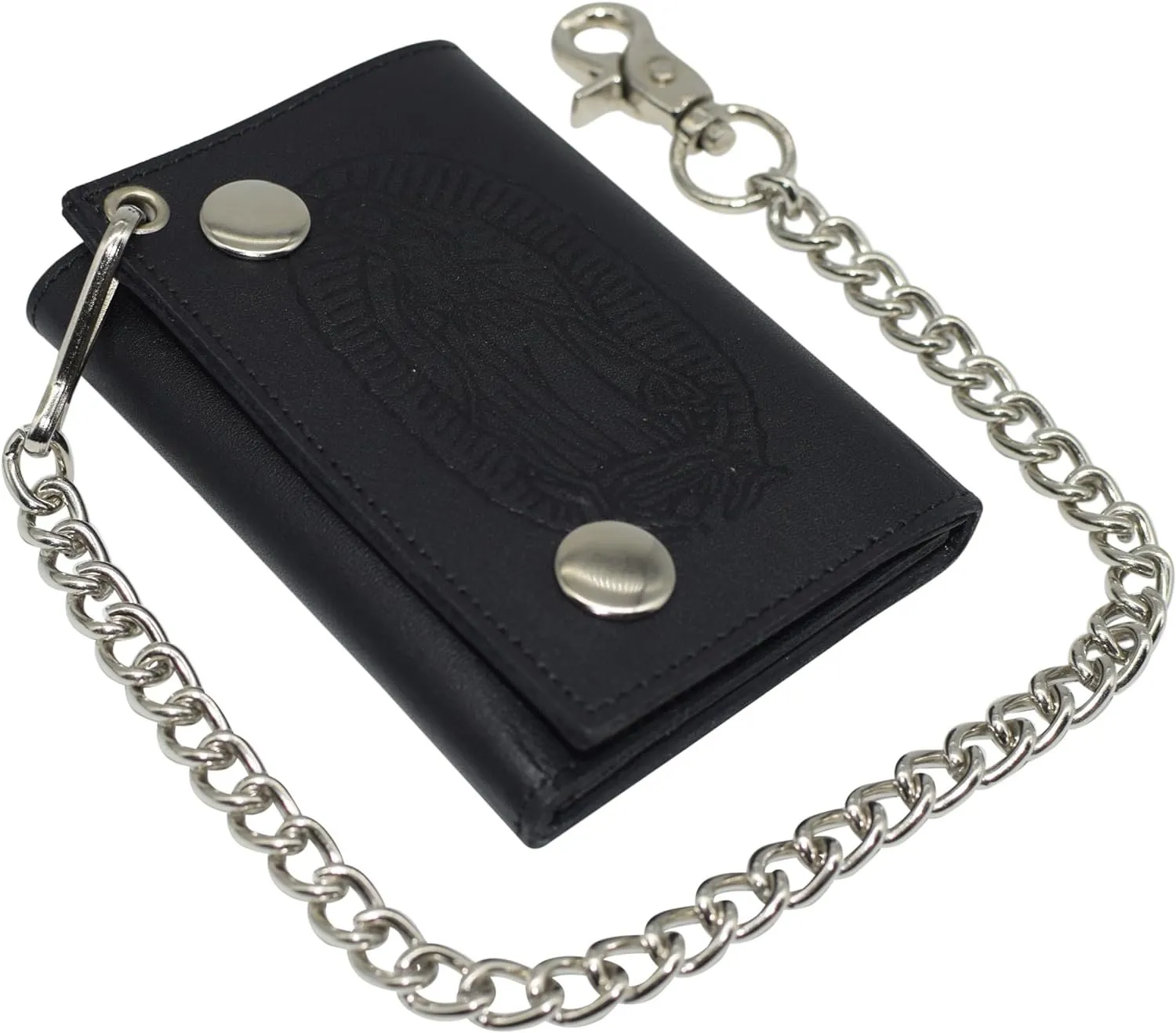 Mega Discount Today Guadalupe Virgin Men'S Trifold Biker Rfid Blocking Genuine Leather Steel Chain Wallet Snap Closure For Men (Guadalupe Virgin)