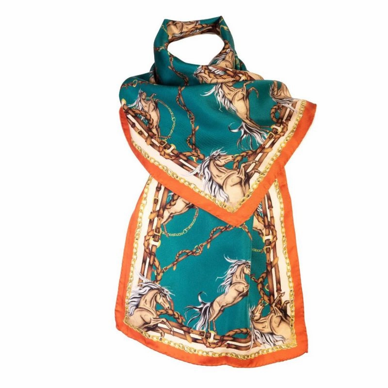 Today Only Steal Clare Haggas Rearing To Go Narrow Silk Scarf - Teal & Rust