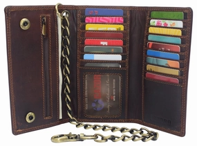 Trending Now Discount Today Only Hot Sale Bikers Rfid Safe Cow Leather Crazy Horse Brown Long Checkbook Trifold Chain Wallet For Men Vintage Texture Style