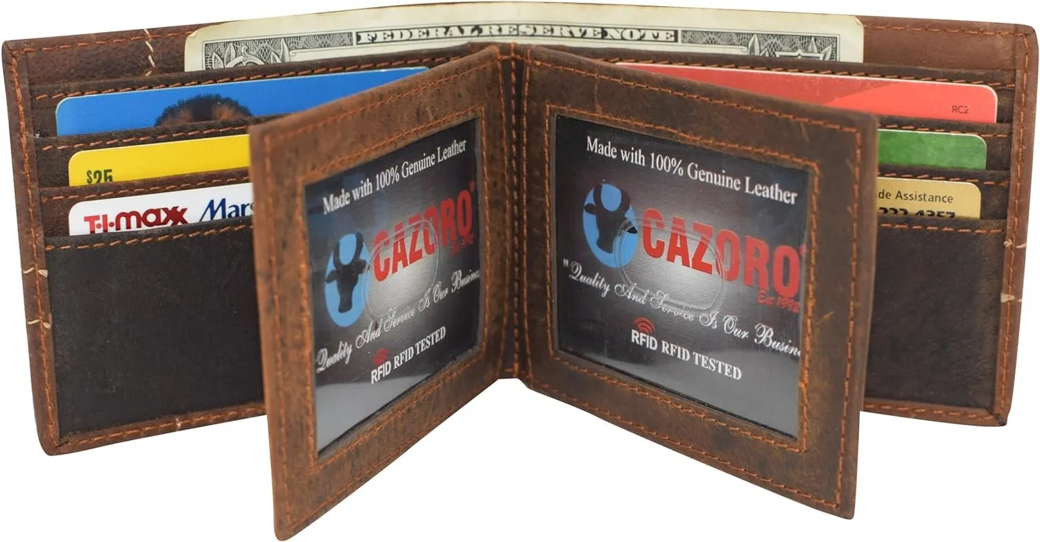Cazoro Large Bifold Double Id Window Wallet Rfid Blocking Vintage Leather Wallets For Men (Brown) MustHave Clearance Trendy Picks Today