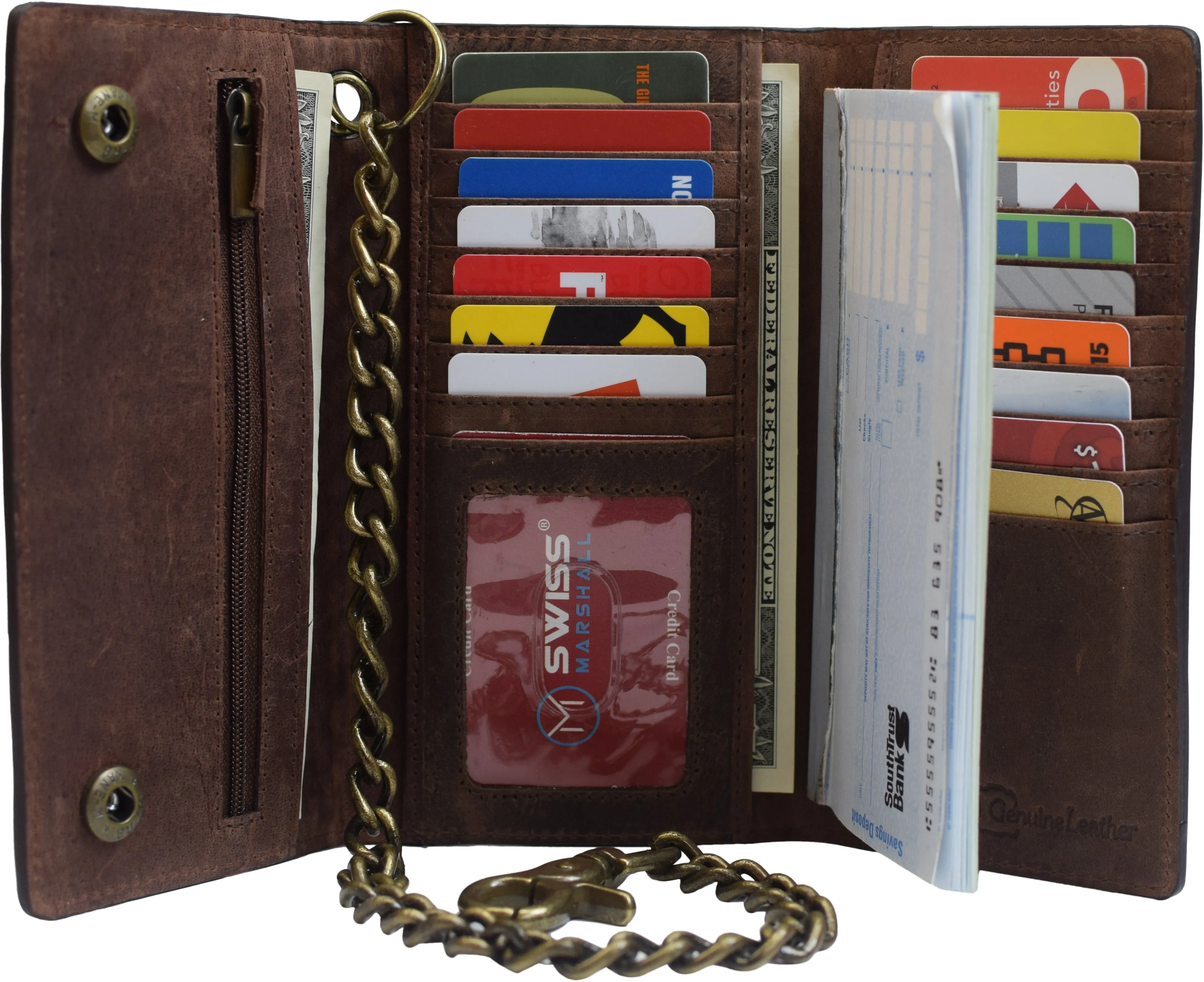 Flash Offer Today MustHave Steals Rfid Blocking Mens Tri-Fold Long Style Krazy Horse Leather Steel Chain Wallet