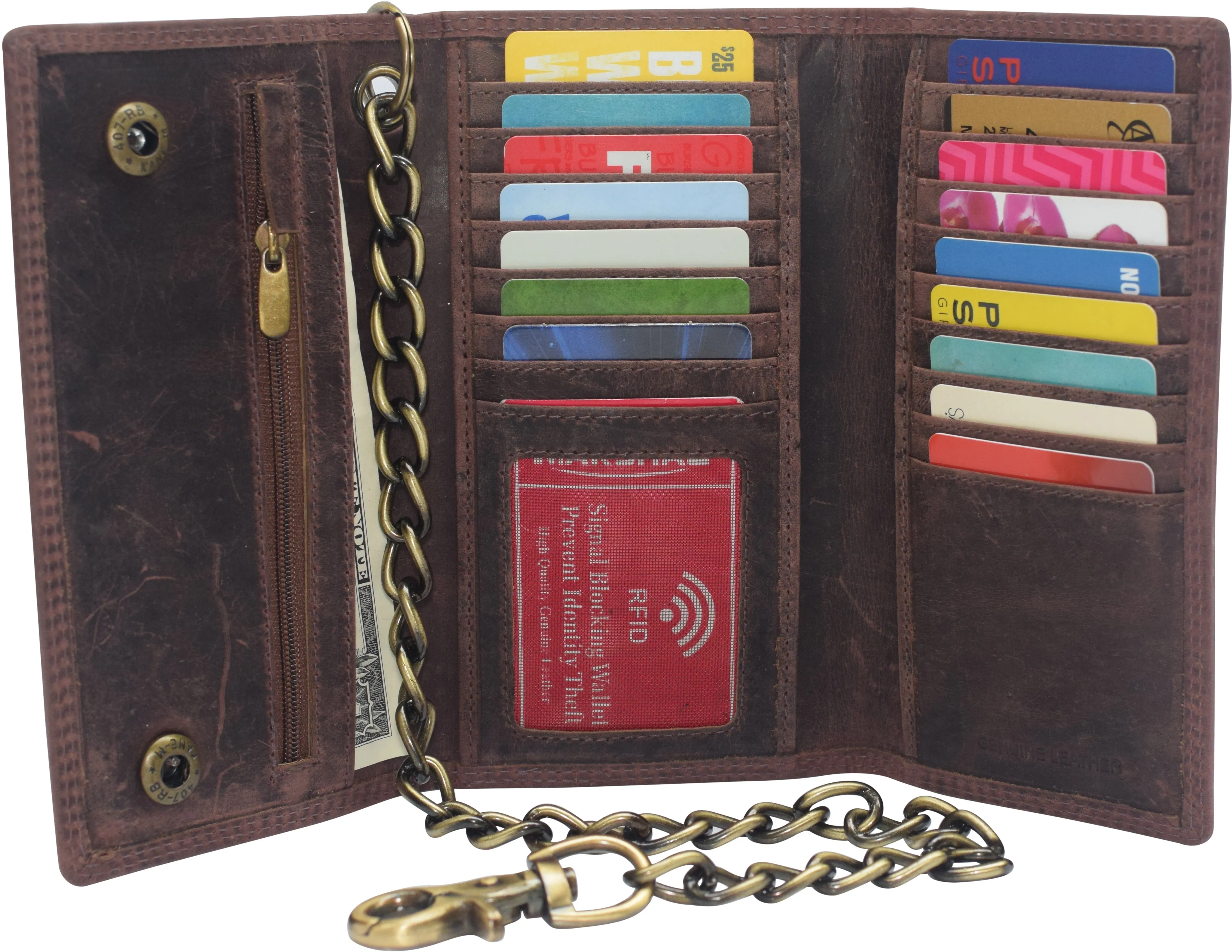 Rfid Blocking Mens Tri-Fold Long Style Krazy Horse Leather Steel Chain Wallet Unmissable Deal Today