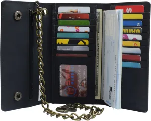 Dont Miss This Steal Rfid Blocking Mens Tri-Fold Long Style Krazy Horse Leather Steel Chain Wallet