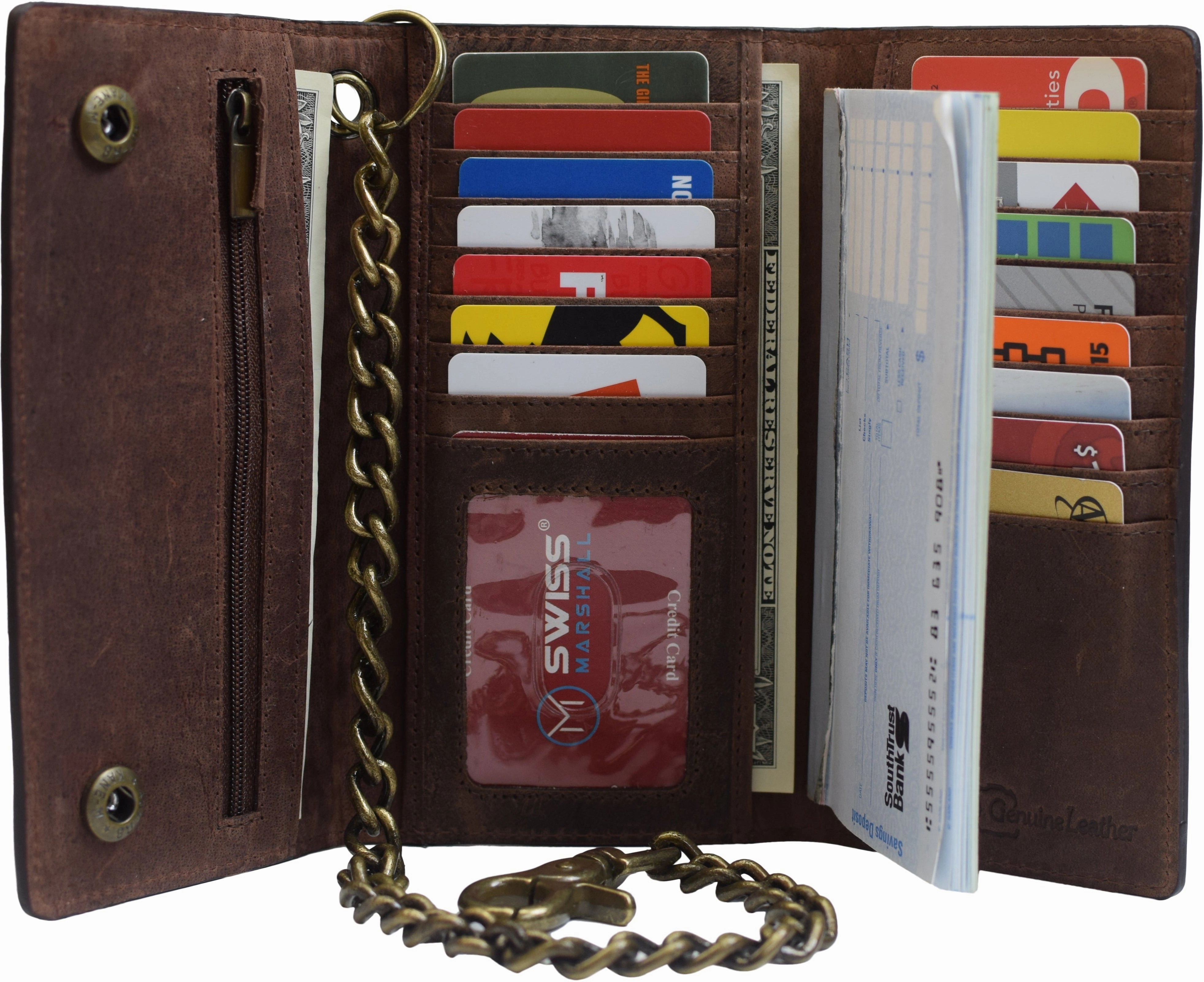 Flash Offer Today MustHave Steals Rfid Blocking Mens Tri-Fold Long Style Krazy Horse Leather Steel Chain Wallet
