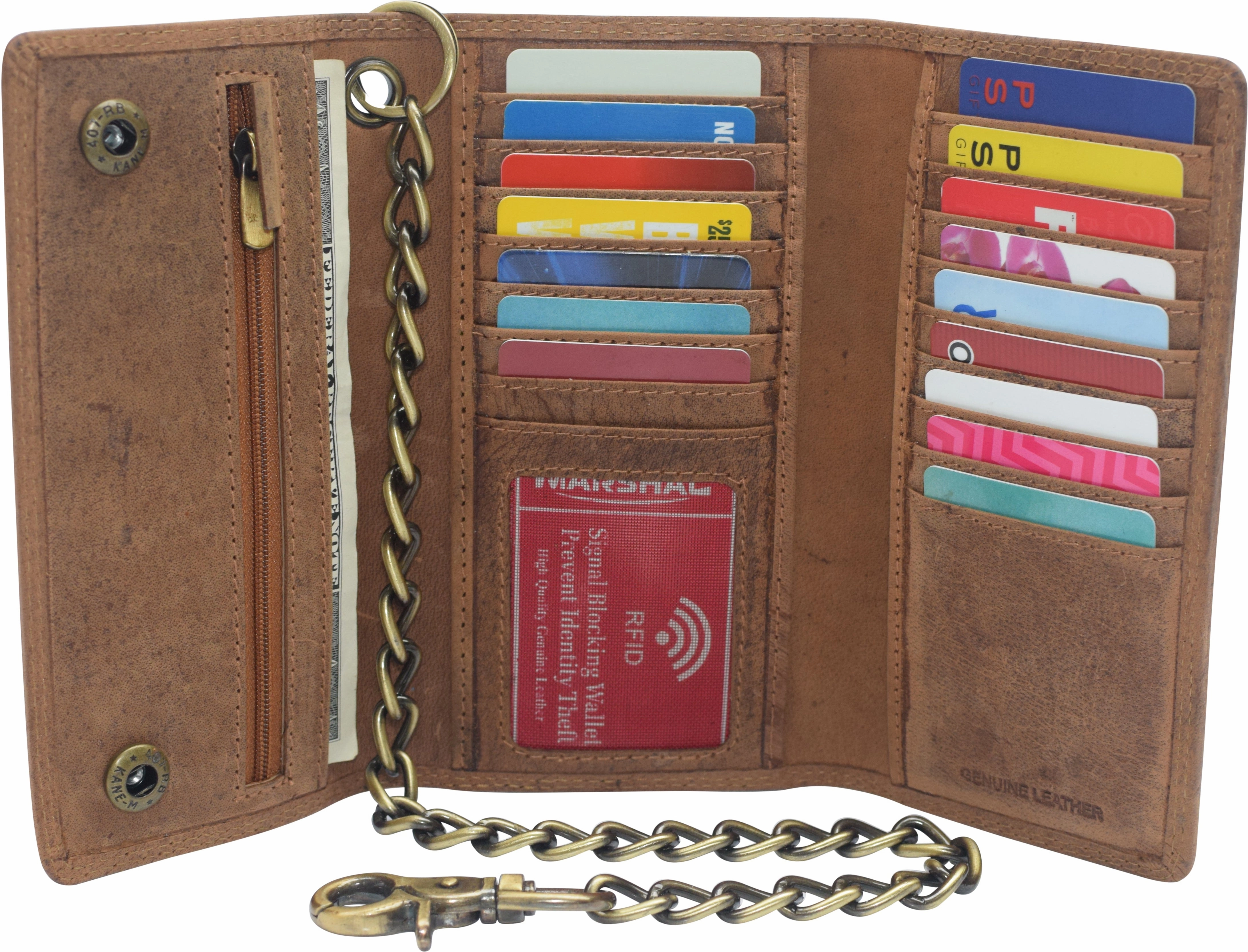 GiftWorthy Sale Clearance Event Rfid Blocking Mens Tri-Fold Long Style Krazy Horse Leather Steel Chain Wallet
