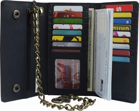 Dont Miss This Steal Rfid Blocking Mens Tri-Fold Long Style Krazy Horse Leather Steel Chain Wallet
