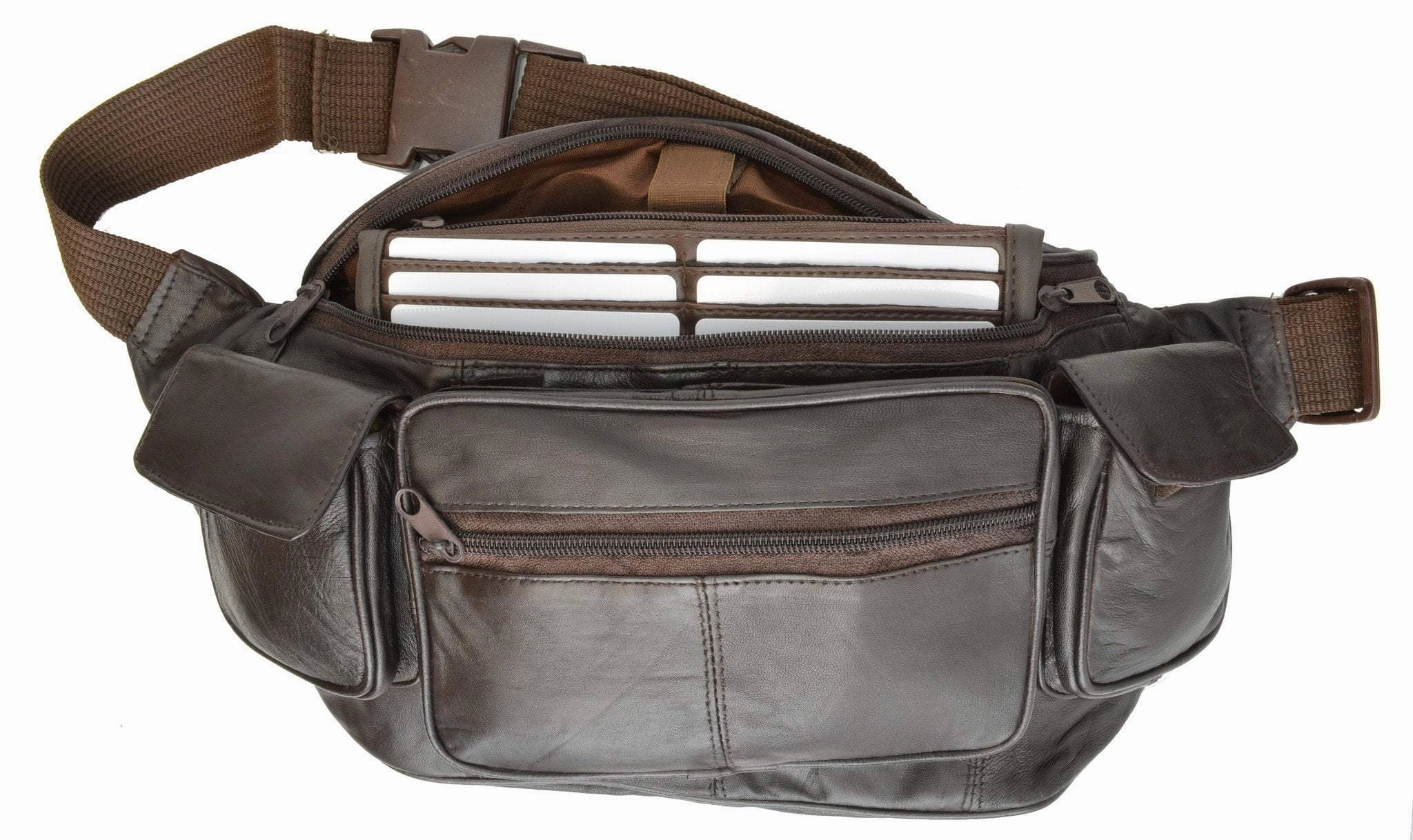 New Large Genuine Leather Waist Bag Fanny Pack With Two Cell Phone Pockets And Six Exterior Pockets 405 (C) Grab Your Hot Pick
