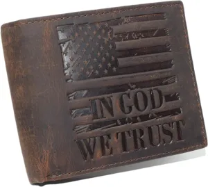 Hot Pick Sale Distressed Vintage Leather Patriotic American Flag Wallet - Western Style In God We Trust Rfid Blocking Leather Us Flag Men'S Bifold Wallet