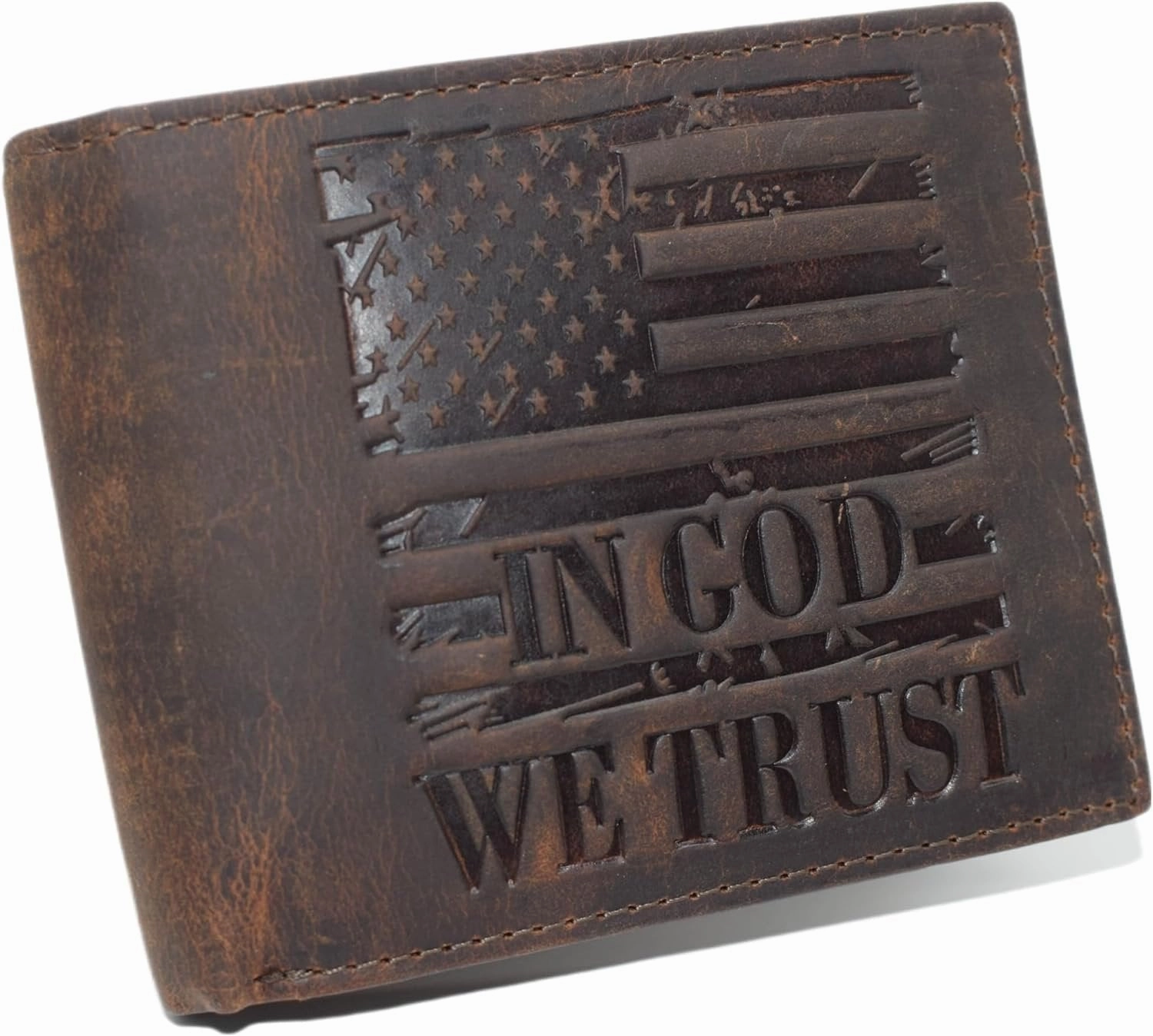 Hot Pick Sale Distressed Vintage Leather Patriotic American Flag Wallet - Western Style In God We Trust Rfid Blocking Leather Us Flag Men'S Bifold Wallet