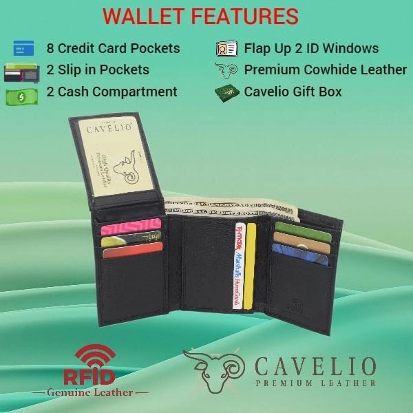 Cavelio Rfid Blocking Trifold Cowhide Leather Wallet For Men With Flap Up Id Holder (Brown) MustHave Deal Shop Smart Save