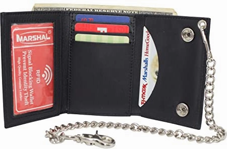 Marshal Men'S Tri-Fold Rfid Blocking Biker Genuine Leather Steel Chain Usa Wallet Snap Closure Grab It Now Sale Ending Soon