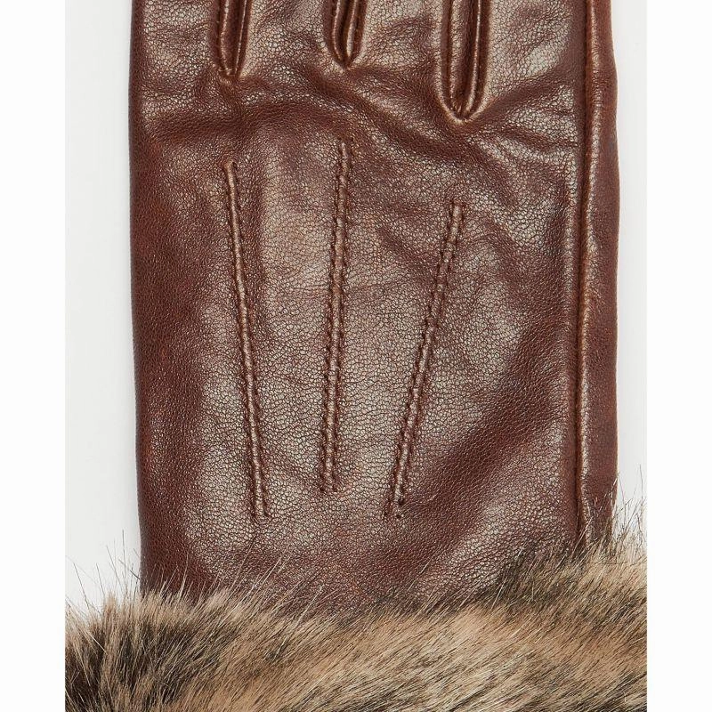 Flash Pick Today Barbour Fur Trimmed Ladies Leather Gloves - Dark Caramel