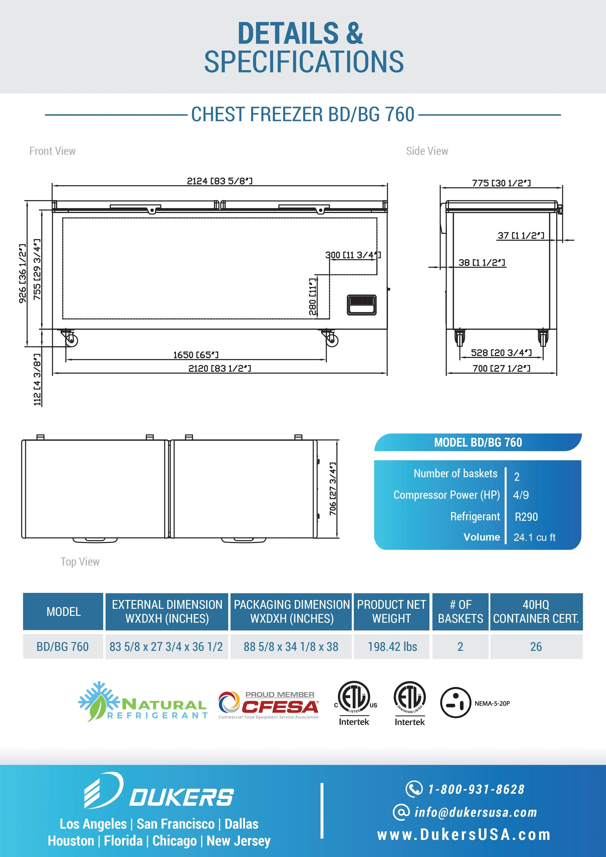 Dukers - BD/BG-760, 85" Chest Freezer With Solid Door