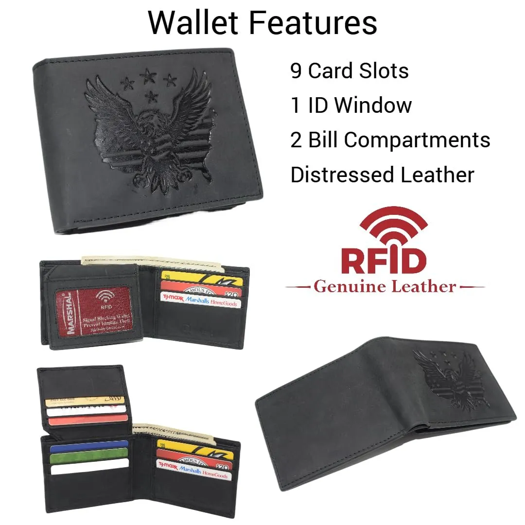Limited Stock Hot Deal Trending Now Discount Marshal MenS Rfid Blocking Vintage Leather Patriotic Eagle & Usa Flag Debossed Bifold Wallet