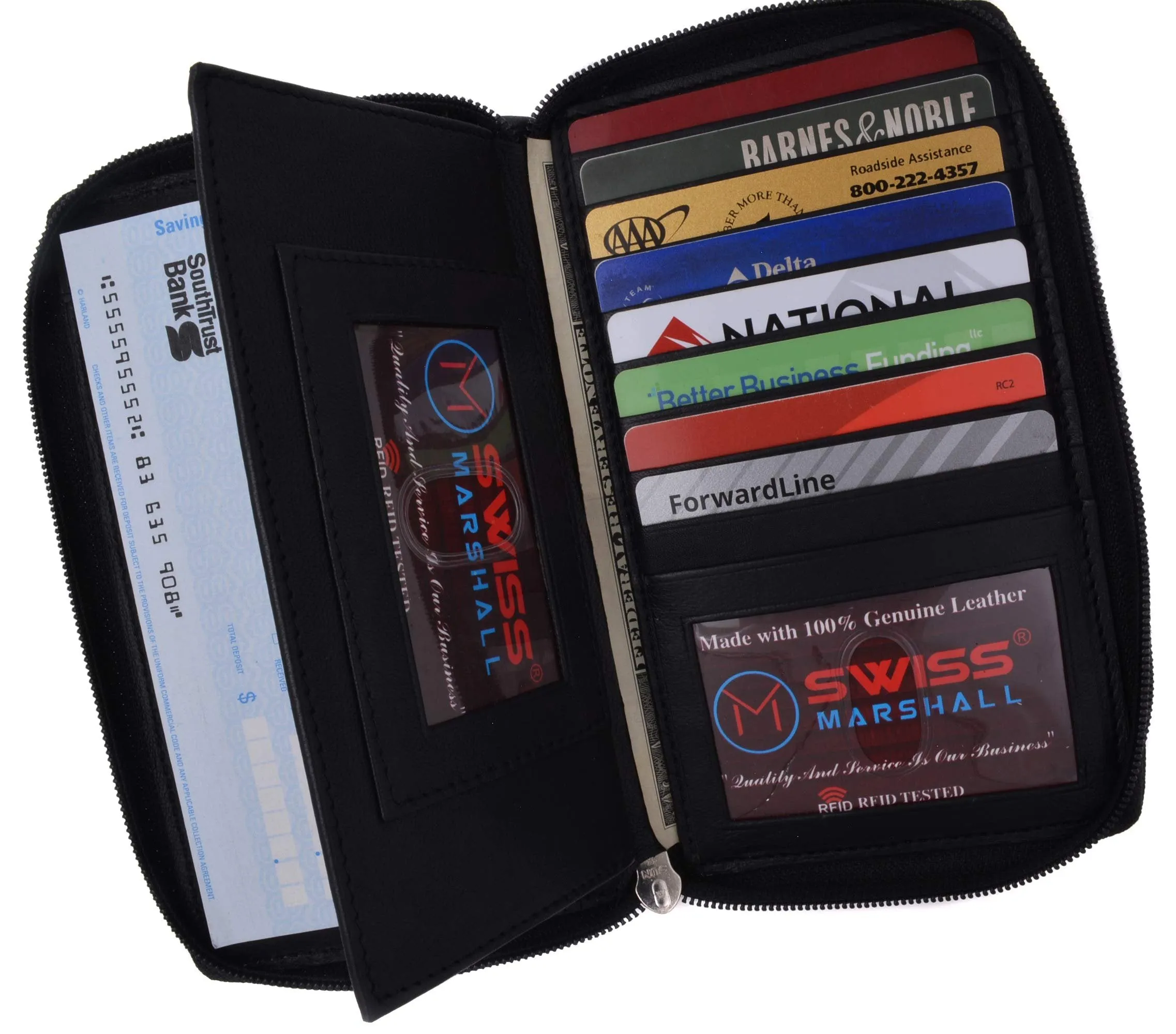 Swiss Marshall Rfid Women'S Deluxe Double Zipper Credit Card Id Checkbook Holder Premium Leather Wallet Instant Savings Inside