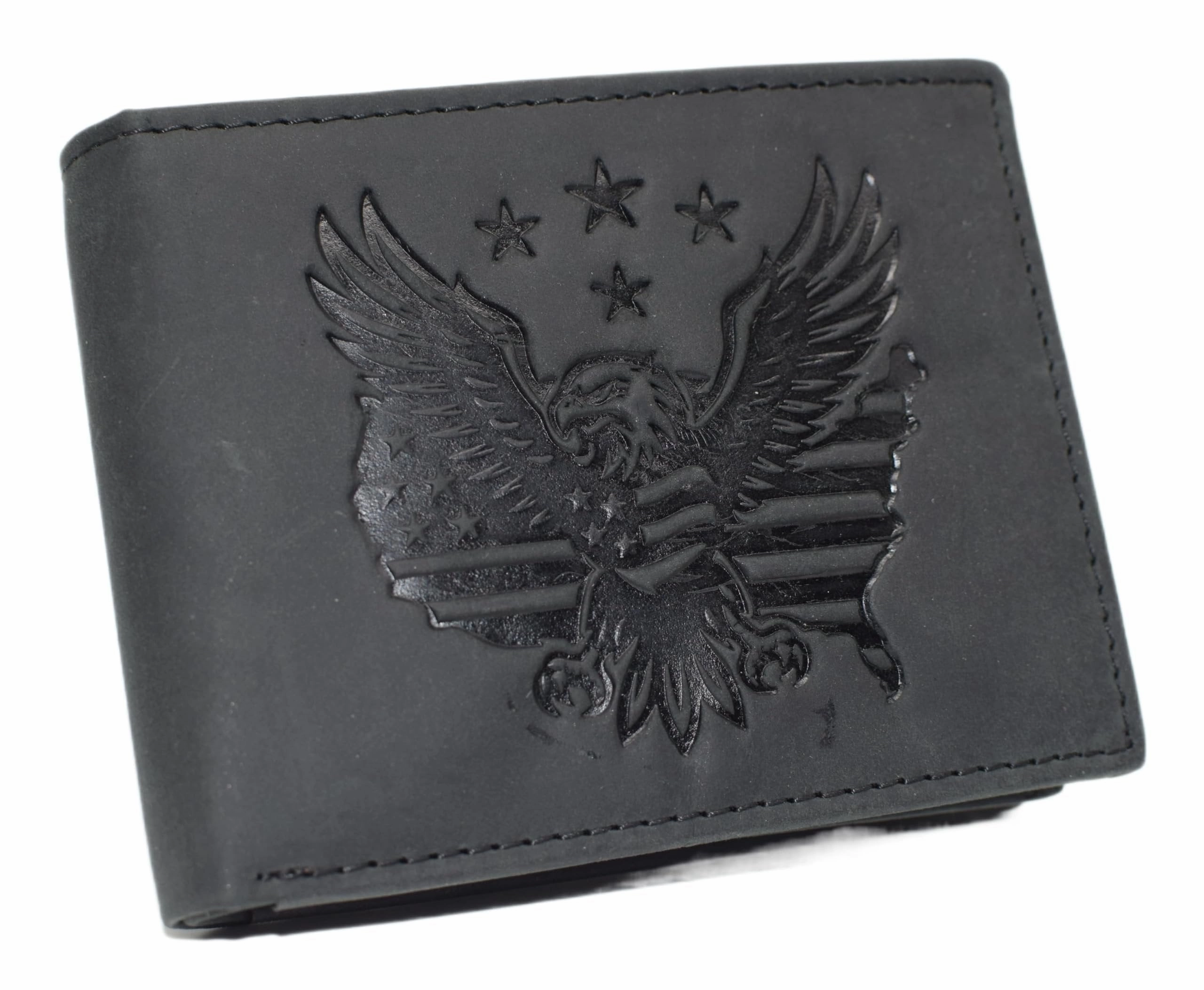 New Arrival Discount Marshal MenS Rfid Blocking Vintage Leather Patriotic Eagle & Usa Flag Debossed Bifold Wallet