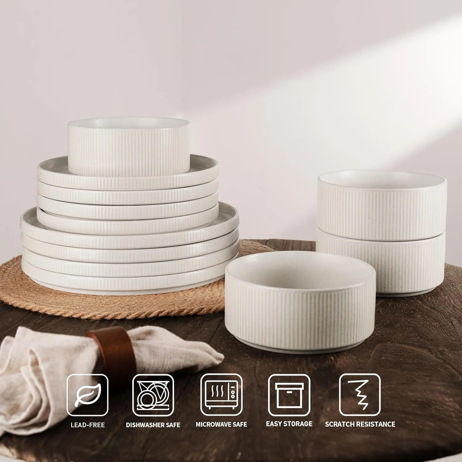 Famiware Star Dinnerware Sets, Plates and Bowls Set for 4, 12 Pieces Dishes - Chip and Scratch Resistant, Microwave and Dishwasher Safe Kitchen Set, Matte White
