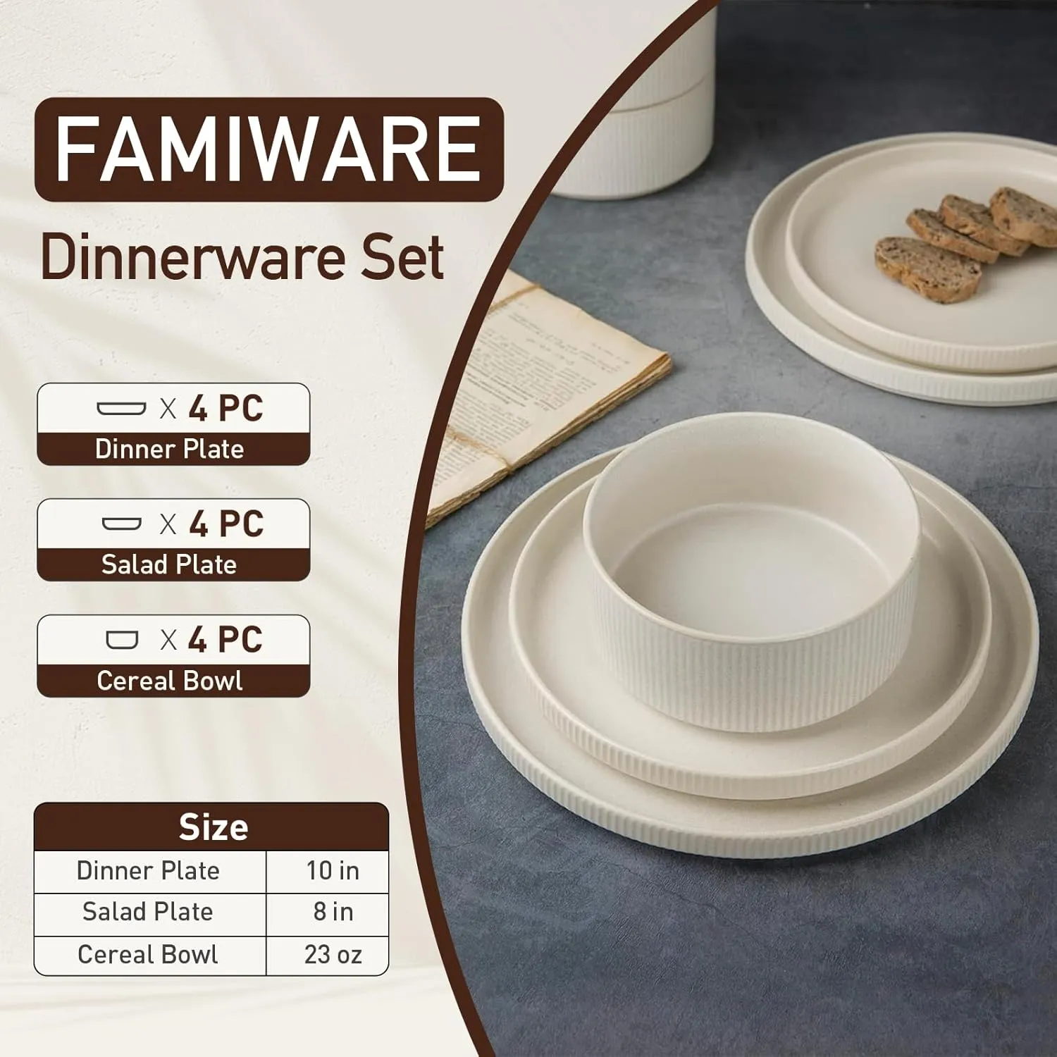 Famiware Star Dinnerware Sets, Plates and Bowls Set for 4, 12 Pieces Dishes - Chip and Scratch Resistant, Microwave and Dishwasher Safe Kitchen Set, Matte White