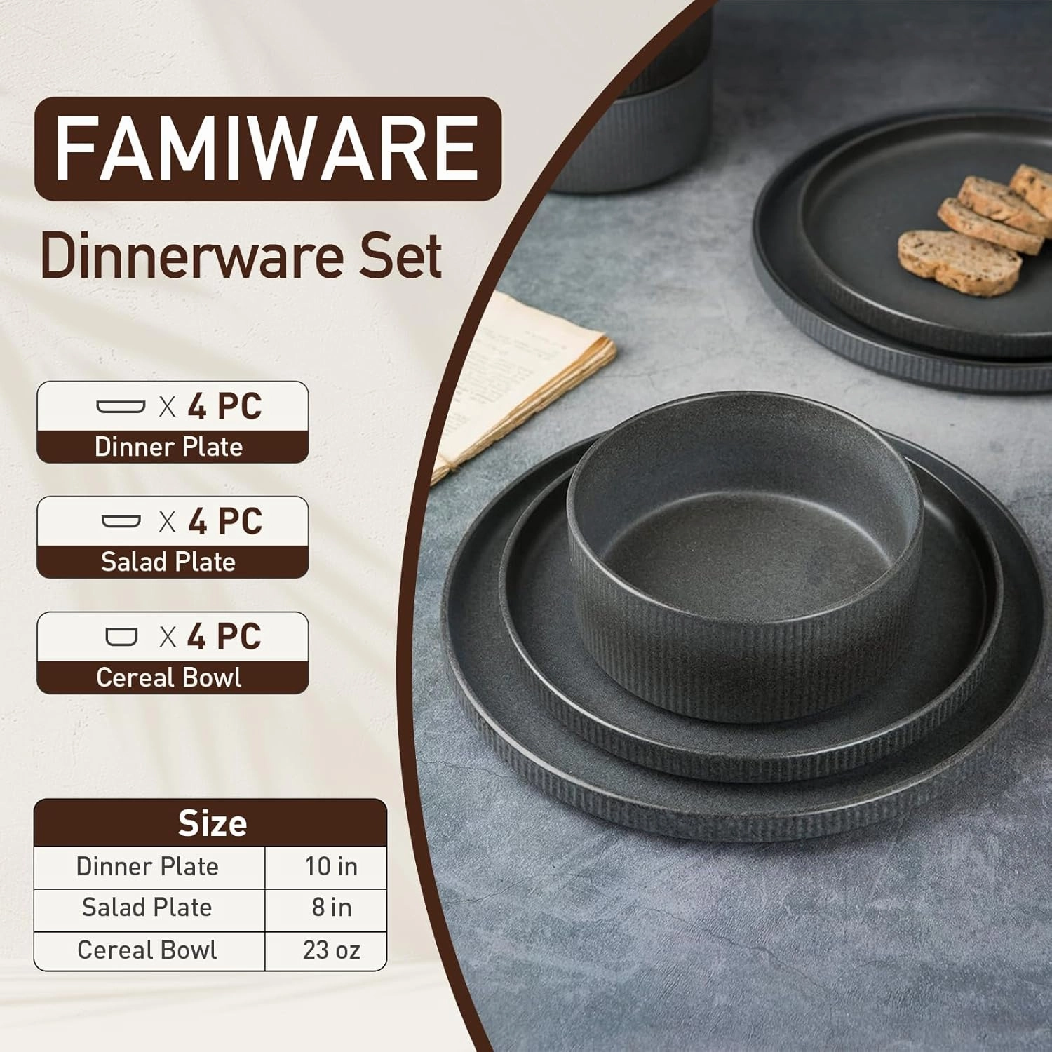 Famiware Star Dinnerware Sets, Plates and Bowls Set for 4, 12 Pieces Dish Set - Chip and Scratch Resistant, Microwave and Dishwasher Safe Kitchen Set, Matte Dark Charcoal