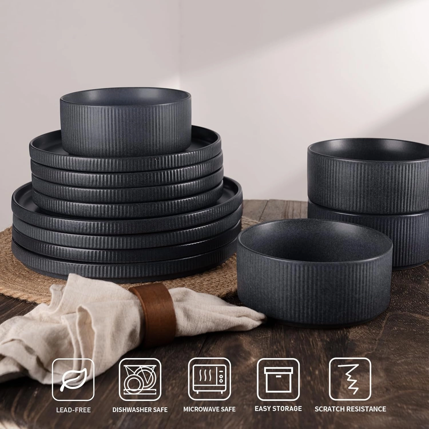 Famiware Star Dinnerware Sets, Plates and Bowls Set for 4, 12 Pieces Dish Set - Chip and Scratch Resistant, Microwave and Dishwasher Safe Kitchen Set, Matte Dark Charcoal