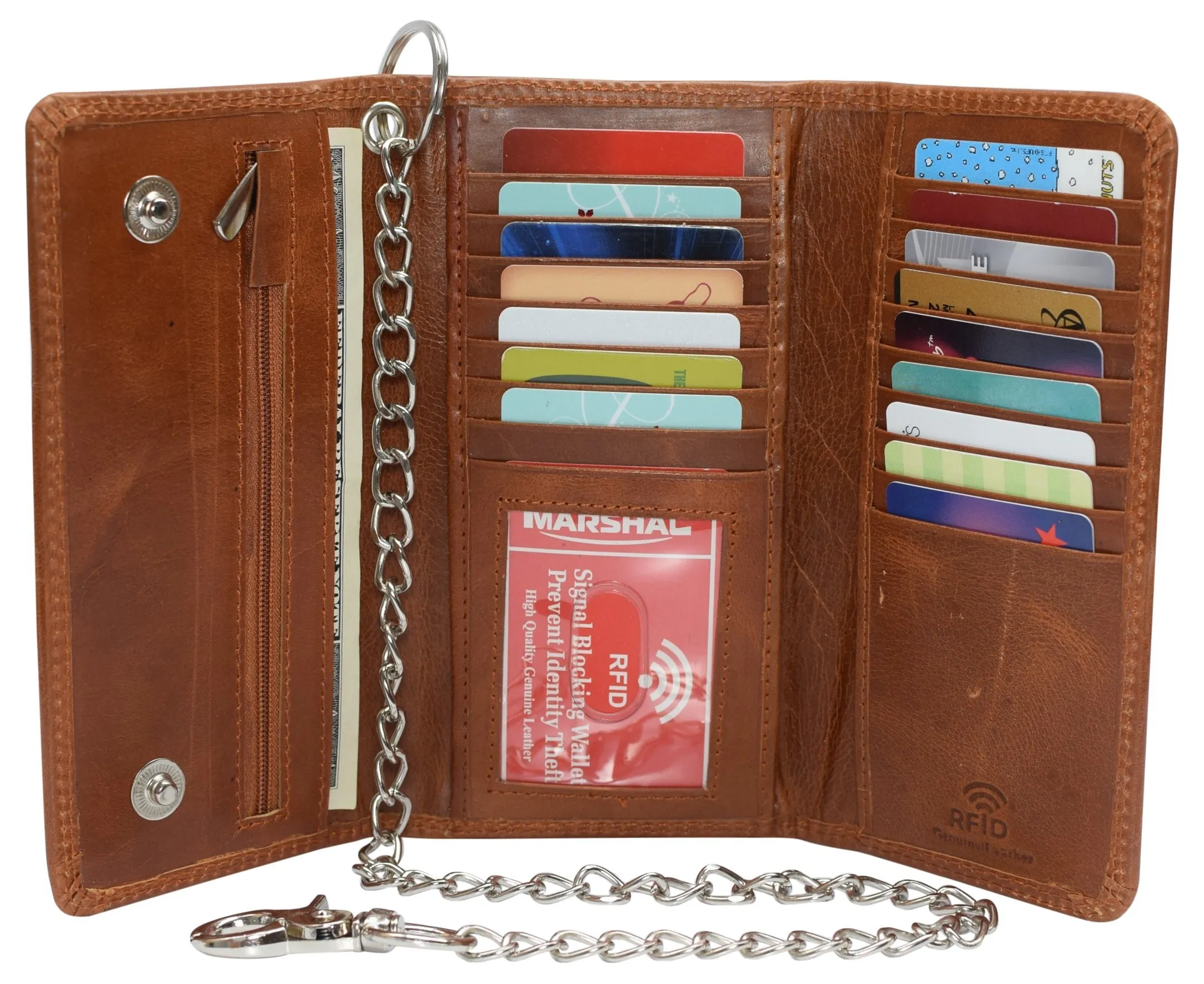 Instant Savings Deal Price Drop Today Men'S Rfid Signal Blocking Biker'S Vintage Leather Long Tri-Fold Silver Chain Checkbook Card Id Wallet