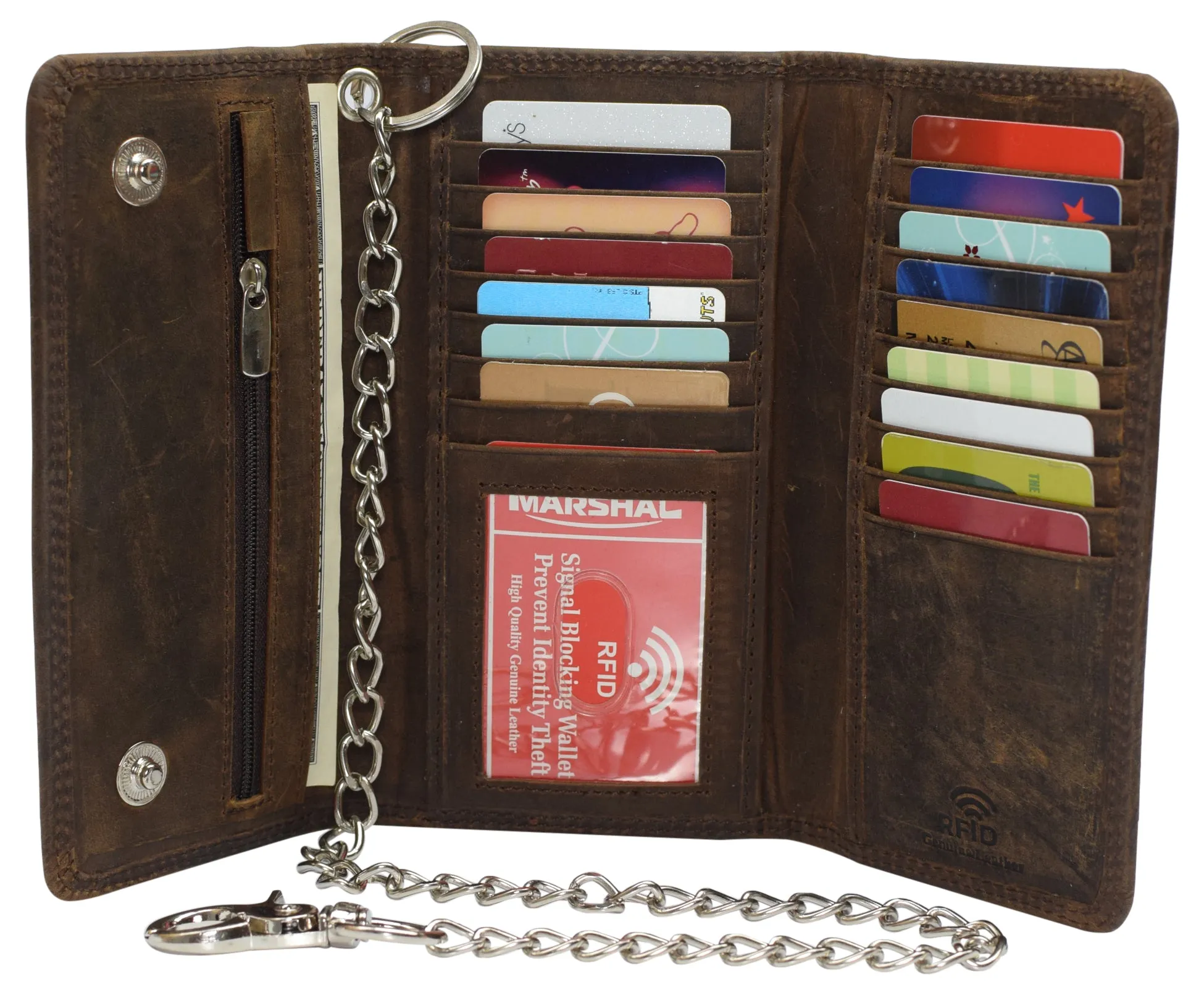 Men'S Rfid Signal Blocking Biker'S Vintage Leather Long Tri-Fold Silver Chain Checkbook Card Id Wallet Hot Savings Alert New Arrival Discount