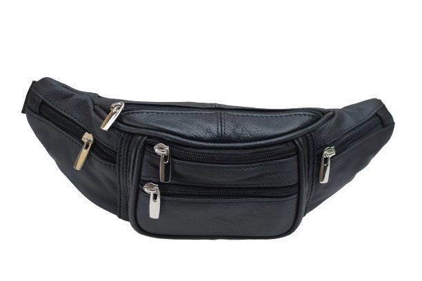 Genuine Cowhide Leather Waist Fanny Pack Pouch 6 Compartments Black Hot Pick Sale