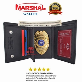 Trending Savings Now Hot Offer Frenzy Genuine Leather Rfid Blocking Police Badge Holder Trifold Wallet Black With Snap Closure