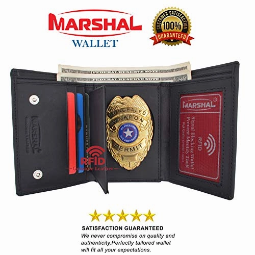 Trending Savings Now Hot Offer Frenzy Genuine Leather Rfid Blocking Police Badge Holder Trifold Wallet Black With Snap Closure
