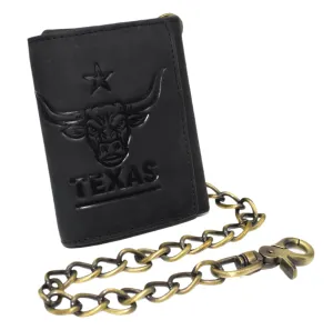 Hot Sale Today Marshal MenS Western Trifold Leather Chain Wallet  Rfid Blocking Biker Wallet With Texas Longhorn Embossed Design & Snap Closure
