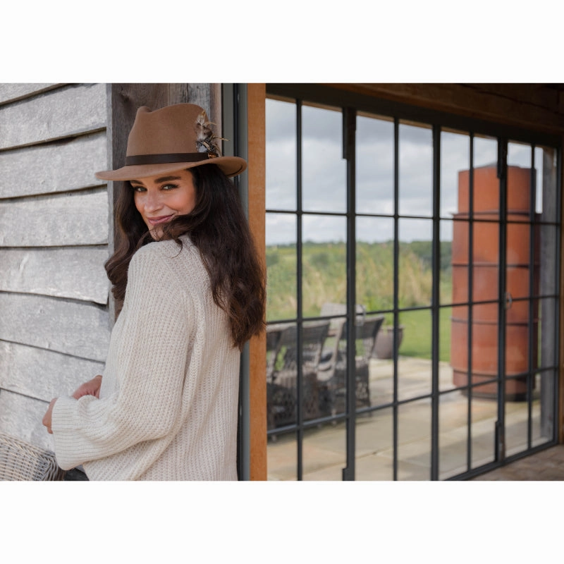 Trending Today Steal Hicks & Brown Suffolk Fawn Feather Fedora Hat - Camel